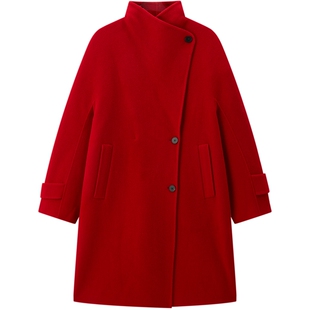 【商场同款】太平鸟甄绒系列红品大衣女斜扣大翻领A1AAF4715