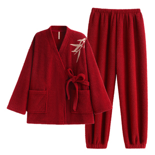 家乐芬睡衣女秋冬季冬款半边绒加绒加厚保家居服和服本命年大红色