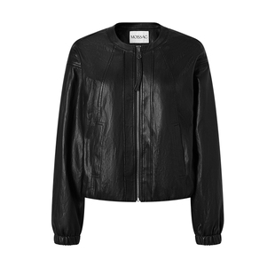 MOISSAC摩萨克秋款酷感混纺面料圆领金属光泽拉链短外套女