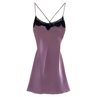 法式性感真丝吊带睡裙女秋冬带胸垫纯欲桑蚕丝家居服睡衣两件套