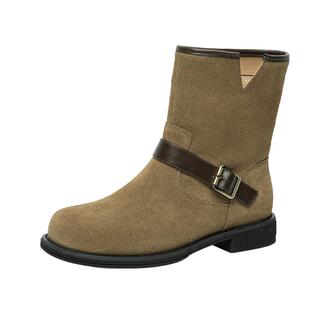 戈美其真皮美拉德西部牛仔靴女舒适春秋新款马丁靴皮带扣复古短靴