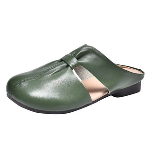 品牌真皮绿色包头凉拖鞋女外穿2026夏季软底妈妈鞋平底舒适半拖鞋