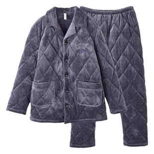 芬腾睡衣冬新款珊瑚绒夹棉男士三层保暖加厚棉袄法兰绒家居服套装