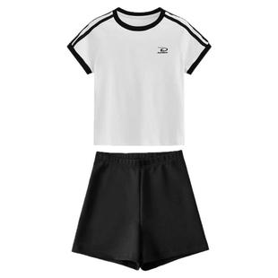 夏季掐腰修身显瘦女学生小众休闲三条杠短袖T恤+软糯糯短裤套装潮