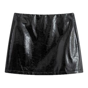 Marc Moore 2025秋季新款亮面PU皮A字短裙女黑色百搭半身短裙