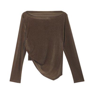 伊纳芙法式一字肩丝绒长袖t恤