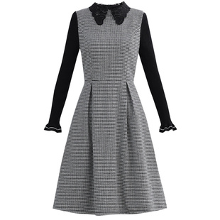 未风气质连衣裙女秋冬2025冬新款针织长袖毛呢千鸟格年会礼服裙子