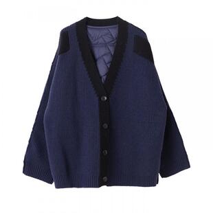 宝诗黎V领针织拼接棉服外套2025冬季洋气慵懒百搭宽松大码女装