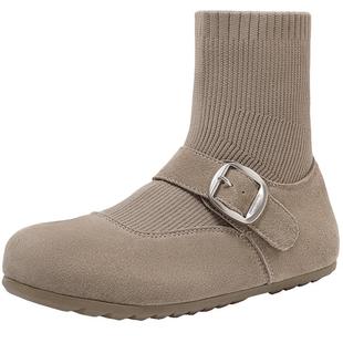 百丽吐司鞋半糖弹力袜靴女勃肯鞋子新款加绒袜子鞋短靴D2B1DDD4