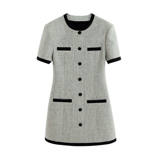 NancyCavally气质女神裙 多色羊毛混纺纱  微收腰撞色小香连衣裙