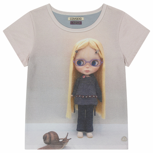 在途！韩国coyseio日系娃娃印花修身圆领短款短袖T恤女上衣潮流