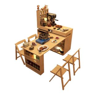 形影家具旋转岛台餐桌一体可折叠餐边柜小户型家用原木风吧台桌子