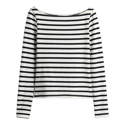 HM女装T恤2026年春季新款一字领显瘦气质休闲长袖打底上衣1267582