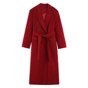 pusumede【现货5折】红色羊毛呢子大衣女显瘦气质长款毛呢外套