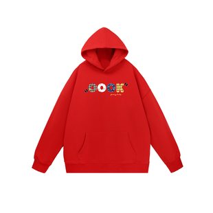 PCMY字母印花红色新年款连帽卫衣外套2026马年本命年衣服男女同款