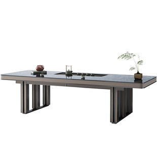 诚骏轻奢岩板大板茶台办公室高端现代会客洽谈茶桌椅组合一桌五椅