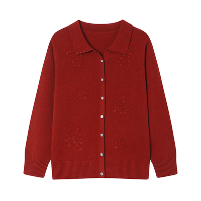 恒源祥妈妈秋冬翻领绣花羊毛开衫