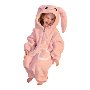 儿童动物连体睡衣女童粉红色兔子可爱卡通家居服秋冬季加厚加绒