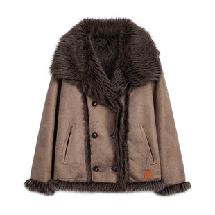 Desigual【明星同款】仿皮毛一体大翻领拼接毛条设计女士外套