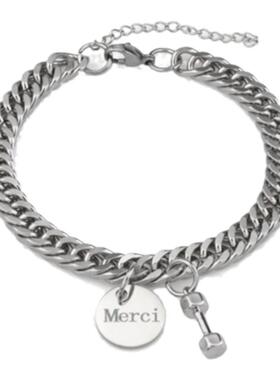 PD STYLE 钛钢宽版古巴哑铃圆牌手链ins小众设计不掉色手镯男女潮