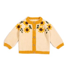 ins风秋冬女童宝宝超美手工绣花黄色向日葵花朵可爱开衫毛衣外套