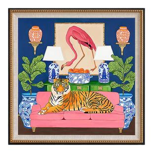 丹顶鹤玄关装饰画法式多巴胺豹子客厅挂画中国风餐厅壁画美式复古