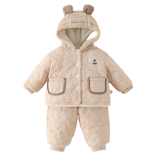 婴儿绗棉套装秋冬休闲连帽外套棉裤宝宝分体两件套冬季保暖外出潮