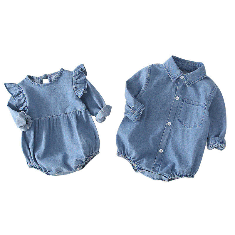 婴儿连体衣秋装龙凤胎宝宝牛仔外出哈衣满月百天礼服包屁爬服夏季