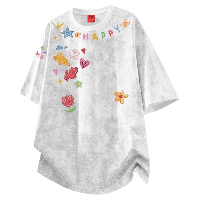 查尔斯桃心 美式花卉涂鸦扎染满印透气短袖T恤男女宽松半袖上衣