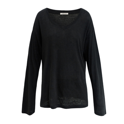 SMIIILE亚麻v领宽松长袖t恤女