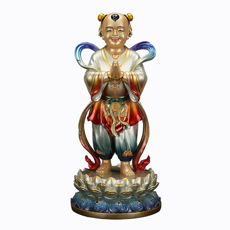 黄铜贴金彩绘善财龙女佛像一对