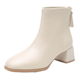 大东切尔西女靴2025秋冬新款粗跟高跟法式小裸靴白色靴子加绒短靴