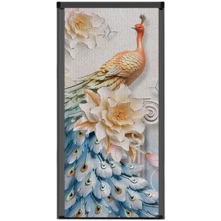 优诗曼孔雀图无轨亚麻升级布折叠推拉移门室内阳台隔断门衣帽间门