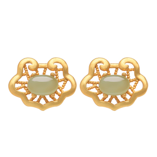 小银匠和田玉碧玉纯银如意耳钉女新中式国风长命锁金镶玉耳环耳饰