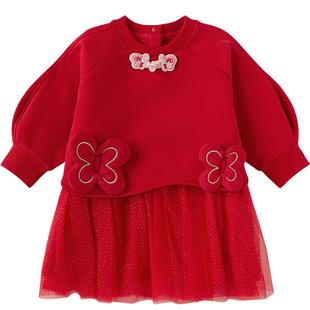 巴拉巴拉童装女童连衣裙子新中式2026新秋冬装红色拜年服宝宝网纱