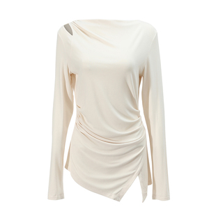 NON RESTRAIN不规则开叉法式荡领长袖T恤女修身显瘦褶皱露肩上衣