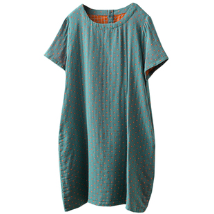 夏季大码200斤日系双层棉纱短袖连衣裙女格子宽松家居A字休闲裙潮