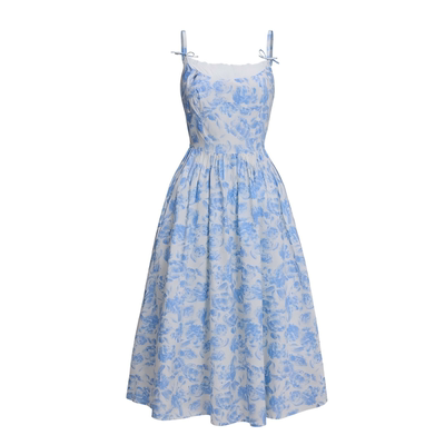 Chings法式复古Vintage青花瓷印花吊带裙高腰棉布大摆连衣裙A字裙