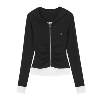 ACMEAURA撞色假两件显瘦长袖T恤女秋季抽褶收腰连帽V领上衣外套