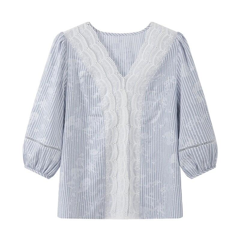 LILY2026新款百搭通勤显瘦泡泡中袖上衣法式条纹蕾丝衬衫雪纺衫女