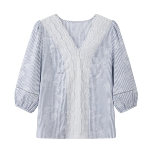 博主同款LILY法式条纹蕾丝雪纺衫女2025新款百搭通勤泡泡袖上衣