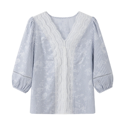 LILY通勤蕾丝百搭泡泡袖雪纺衫