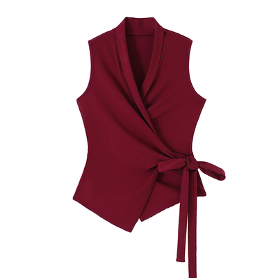 V领无袖上衣绑带收腰设计感坎肩