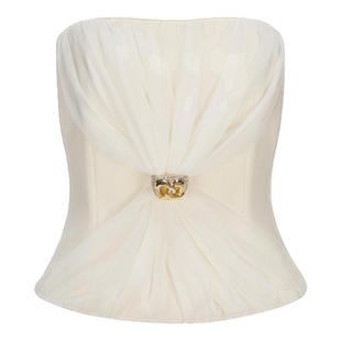 Nana Jacqueline 25早春 薄纱捏褶抹胸套装时尚钻饰白色上衣半裙