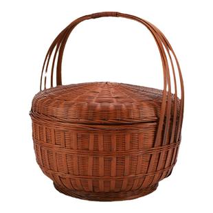 竹编大号手提篮圆形带盖头层竹拜神竹篮收纳筐 做旧复古色篮子