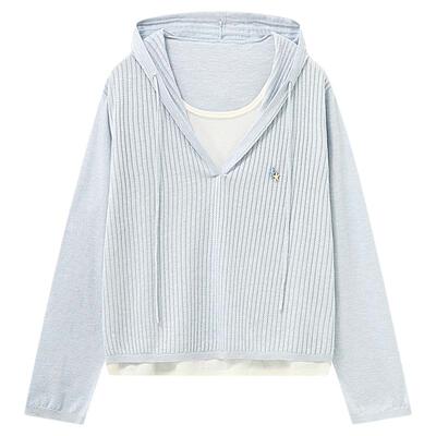 Basic House/百家好连帽撞色假两件抽绳针织衫女宽松百搭短款上衣