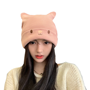 产妇月子帽产后堆堆猫耳朵毛线孕妇帽子女夏季秋冬针织可爱冬季男
