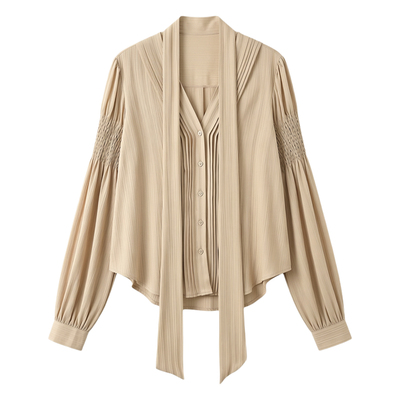 TCCW轻熟优雅风V领系带褶皱衬衫