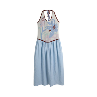 有耳uare原创设计 杜乐丽花园 百合提花天丝棉拼接挂脖无袖连衣裙