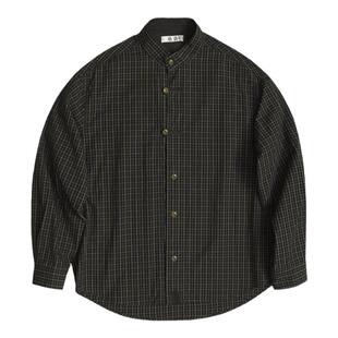 收留原创男士春秋墨绿色格子衬衫长袖新中式立领宽松立裁纯棉休闲